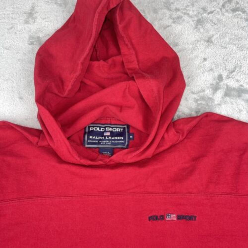 Vintage 90s Polo Sport Ralph Lauren Hooded Sweatshirt Flag Red‎ Mens Size M EUC